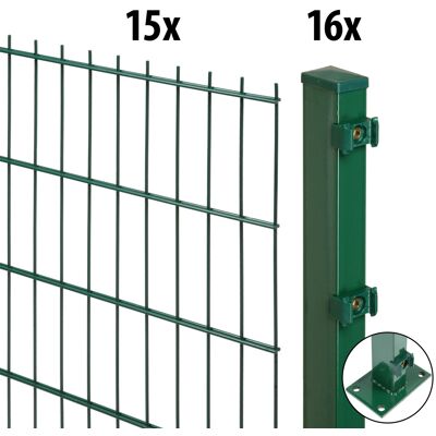 Floraworld Doppelstabmatten-Zaun Set Comfort 30 m 201 x 83 cm mit Bodenplatte & 16 Pfosten 89 cm moosgrün Floraworld Doppelstabmatten-Zaun Set Comfort 30 m 201 x 83 cm mit Bodenplatte & 16 Pfosten 89 cm moosgrün