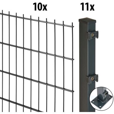 Floraworld Doppelstabmatten-Zaun Set Comfort 20 m 201 x 83 cm mit Bodenplatte & 11 Pfosten 89 cm anthrazit Floraworld Doppelstabmatten-Zaun Set Comfort 20 m 201 x 83 cm mit Bodenplatte & 11 Pfosten 89 cm anthrazit