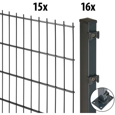 Floraworld Doppelstabmatten-Zaun Set Comfort 30 m 201 x 103 cm mit Bodenplatte & 16 Pfosten 109 cm anthrazit Floraworld Doppelstabmatten-Zaun Set Comfort 30 m 201 x 103 cm mit Bodenplatte & 16 Pfosten 109 cm anthrazit