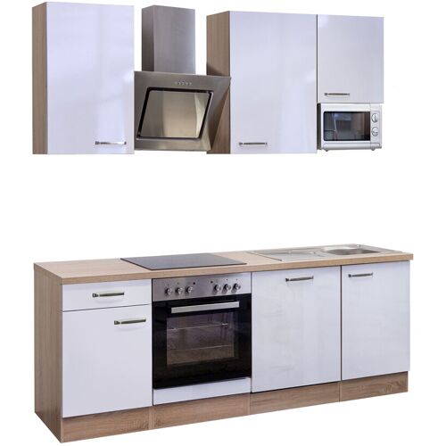 Küchenblock VALERO Hochglanz weiß / Sonoma Eiche mit E-Geräten Edelstahl
