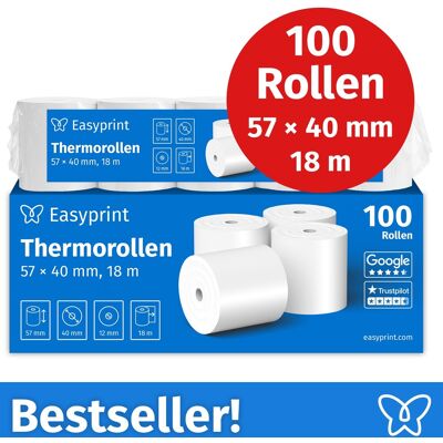 Easyprint Thermorollen 57 mm x 40 mm x 12 mm, 18 Meter, Thermopapier/Bonrolle/Endlosrolle weiß BPA-frei (PEFC), 100 Stück Easyprint Thermorollen 57 mm x 40 mm x 12 mm, 18 Meter, Thermopapier/Bonrolle/Endlosrolle weiß BPA-frei (PEFC), 100 Stück