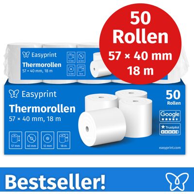 Easyprint Thermorollen 57 mm x 40 mm x 12 mm, 18 Meter, Thermopapier/Bonrolle/Endlosrolle weiß BPA-frei (PEFC), 50 Stück Easyprint Thermorollen 57 mm x 40 mm x 12 mm, 18 Meter, Thermopapier/Bonrolle/Endlosrolle weiß BPA-frei (PEFC), 50 Stück