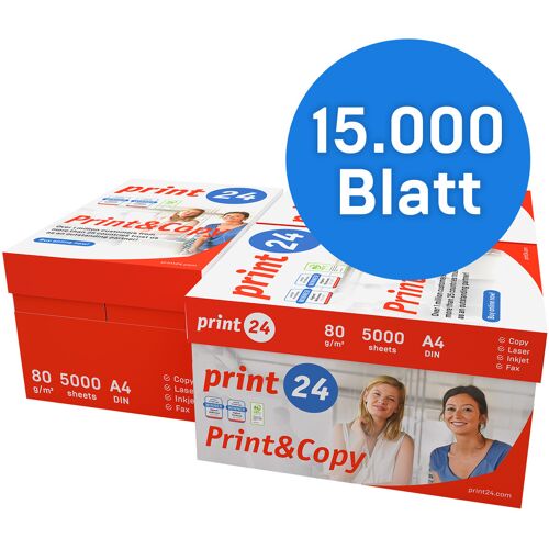 print24 Druckerpapier Kopierpapier 15000 Blatt 30 x 500 A4 80g Premium Hochweiß CIE 160 Testsieger PEFC Umweltzertifikat