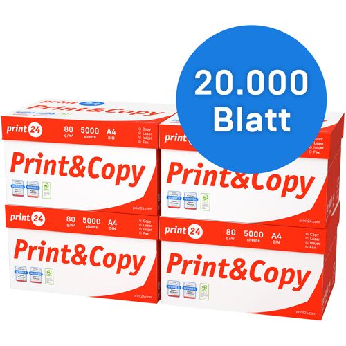 print24 Druckerpapier Kopierpapier 20000 Blatt 40 x 500 A4 80g Premium Hochweiß CIE 160 Testsieger PEFC Umweltzertifikat
