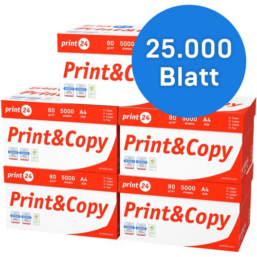 print24 Druckerpapier Kopierpapier 25000 Blatt 50 x 500 A4 80g Premium Hochweiß CIE 160 Testsieger PEFC Umweltzertifikat