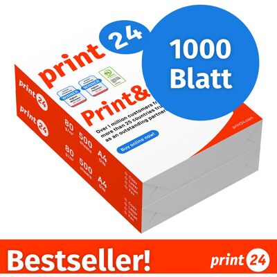 print24 Druckerpapier Kopierpapier 1000 Blatt 2 x 500 A4 Premium Hochweiß CIE 160 Testsieger PEFC zertifiziert print24 Druckerpapier Kopierpapier 1000 Blatt 2 x 500 A4 Premium Hochweiß CIE 160 Testsieger PEFC zertifiziert