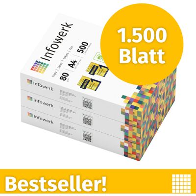 Infowerk Druckerpapier Kopierpapier 1500 Blatt 3 x 500 A4 Premium Hochweiß CIE 160 Testsieger PEFC zertifiziert Infowerk Druckerpapier Kopierpapier 1500 Blatt 3 x 500 A4 Premium Hochweiß CIE 160 Testsieger PEFC zertifiziert