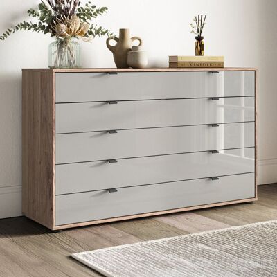 Kommode Tiam Eiche Dekor mit Schubladen Hellgrau 86x141x43cm Kommode Tiam Eiche Dekor mit Schubladen Hellgrau 86x141x43cm