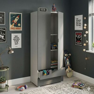 Drehtüren-Kleiderschrank Kids Town Color Buche teilmassiv mit Schubladen 70x175cm Hellgrau 175x70x52cm Drehtüren-Kleiderschrank Kids Town Color Buche teilmassiv mit Schubladen 70x175cm Hellgrau 175x70x52cm