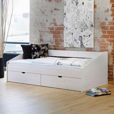 Bett Dänemark Komfort Kiefer/Kernbuche Massivholz mit Schubkasten 90x200 cm Weiß 46x97x205cm Bett Dänemark Komfort Kiefer/Kernbuche Massivholz mit Schubkasten 90x200 cm Weiß 46x97x205cm