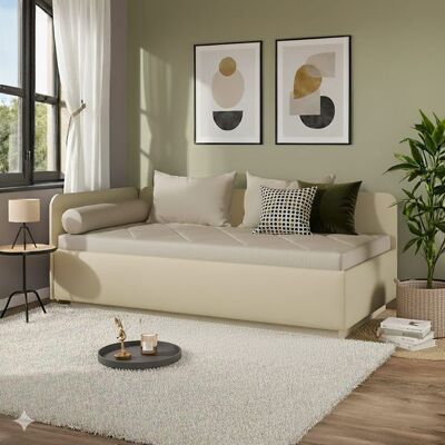 Polsterliege Eriko Kunstleder mit Bettkasten Seitenteil links Sand 72x209x99cm Polsterliege Eriko Kunstleder mit Bettkasten Seitenteil links Sand 72x209x99cm
