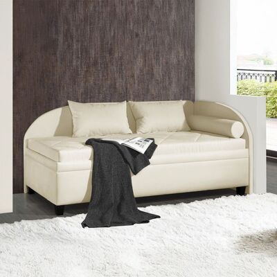Polsterliege Kamina Microvelours mit Bettkasten Seitenteil rechts Sand 80x209x129cm Polsterliege Kamina Microvelours mit Bettkasten Seitenteil rechts Sand 80x209x129cm