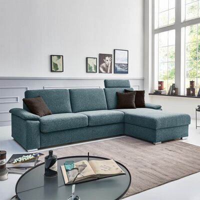 Eck-Schlafsofa Cesio Velours/Webstoff mit Lattenrost und Bettkasten Ottomane rechts Blau 86x306x178cm Eck-Schlafsofa Cesio Velours/Webstoff mit Lattenrost und Bettkasten Ottomane rechts Blau 86x306x178cm