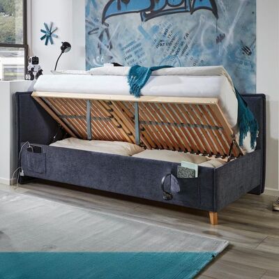 Polsterliege Teya Komfort Velours mit Lattenrost und Bettkasten Blau 90x103x215cm Polsterliege Teya Komfort Velours mit Lattenrost und Bettkasten Blau 90x103x215cm