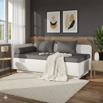 Polsterliege Eriko Kunstleder mit Bettkasten Seitenteil links Weiß 72x209x99cm Polsterliege Eriko Kunstleder mit Bettkasten Seitenteil links Weiß 72x209x99cm