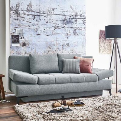 Schlafsofa Amedeo Webstoff/Velours mit Lattenrost und Bettkasten Hellgrau 90x208x102cm Schlafsofa Amedeo Webstoff/Velours mit Lattenrost und Bettkasten Hellgrau 90x208x102cm