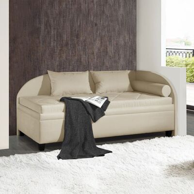 Polsterliege Kamina Microvelours mit Bettkasten Seitenteil rechts Sand 80x209x129cm Polsterliege Kamina Microvelours mit Bettkasten Seitenteil rechts Sand 80x209x129cm