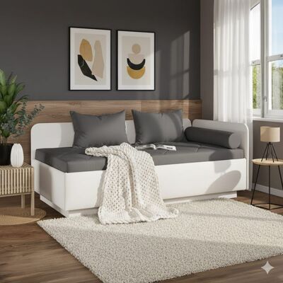 Polsterliege Eriko Kunstleder mit Bettkasten Seitenteil rechts Weiß 72x209x99cm Polsterliege Eriko Kunstleder mit Bettkasten Seitenteil rechts Weiß 72x209x99cm