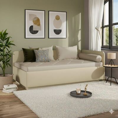 Polsterliege Eriko Kunstleder mit Bettkasten Seitenteil rechts Sand 72x209x129cm Polsterliege Eriko Kunstleder mit Bettkasten Seitenteil rechts Sand 72x209x129cm