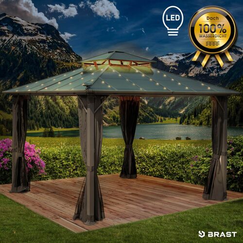 Brast Alu Pavillon PAGODE 3,5x3,5m dunkelgrau mit Moskitonetz und LED-Beleuchtung