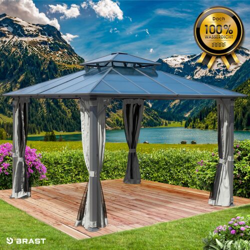Brast Alu Pavillon PAGODE 3,5x3,5m hellgrau mit Moskitonetz