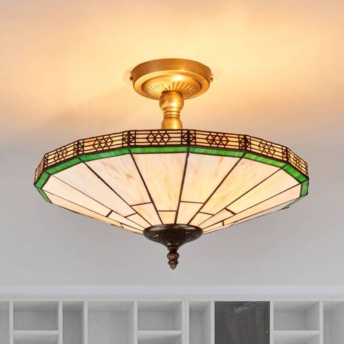 Searchlight Tiffany Deckenlampe New York, dimmbar, creme / amber, für Wohn- / Esszimmer, Metall, Tiffany, Deckenlampe