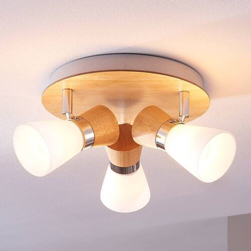 Lindby Deckenlampe Vivica, Ø 26 cm, chrom/Holz, 3-flammig Vivica Lindby, dimmbar, Holz hell, für Wohn- / Esszimmer, Holz, Skandinavisch, Deckenlampe