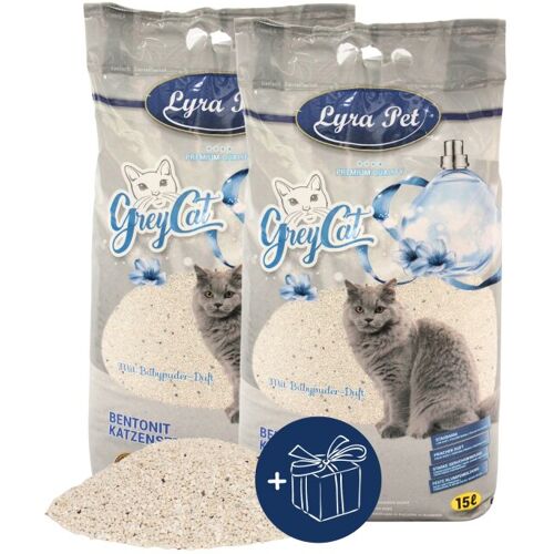 Grey Cat 2 x 15 Liter Lyra Pet® GreyCat® Katzenstreu Bentonit mit Aktivkohle + Geschenk Image