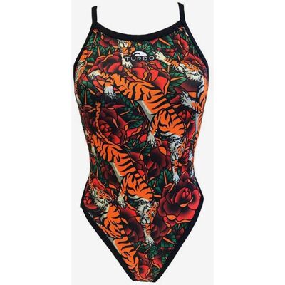 Turbo Tiger Roses Damen Badeanzug Thin Strap schwarz/orange - M female Turbo Tiger Roses Damen Badeanzug Thin Strap schwarz/orange - M female