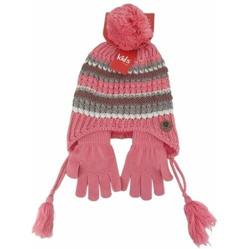 VewoTex Kinder Winter Mütze mit Handschuhen » Gestreiftes Set » Kindermütze mit Streifen und Fingerhandschuhe - Pink