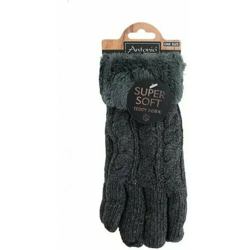 Antonio World Fashion Gefütterte Strickhandschuhe » Teddy Winterhandschuhe mit Strickmuster » Fingerhandschuhe Super Soft mit Strickoptik - Dunkelgrau