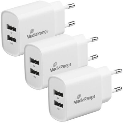 MediaRange 3er-Set USB-Netzteil mit 2 USB-A Anschlüssen, 12W, weiss (12 W, 2 Ports), USB Ladegerät, Weiss MediaRange 3er-Set USB-Netzteil mit 2 USB-A Anschlüssen, 12W, weiss (12 W, 2 Ports), USB Ladegerät, Weiss