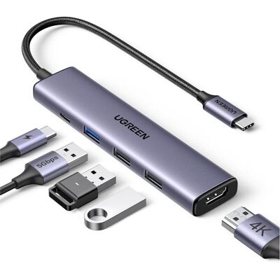 Ugreen Adapteris Hub CM478 (USB-C, 5 Ports), Dockingstation + USB Hub, Silber Ugreen Adapteris Hub CM478 (USB-C, 5 Ports), Dockingstation + USB Hub, Silber