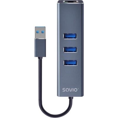 Savio AK-57 USB-Hub - 3 USB-A, RJ-45 Ethernet - Grau Savio AK-57 USB-Hub - 3 USB-A, RJ-45 Ethernet - Grau
