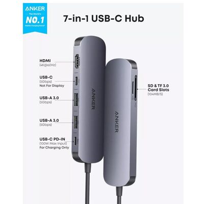 Acer Dokovací stanice 7v1 Anker Nano 100W 2xUSB-C, 2xUSB, 1xHDMI, SD/microSD slot šedá (USB-C, 7 Ports), Dockingstation + USB Hub, Grau Acer Dokovací stanice 7v1 Anker Nano 100W 2xUSB-C, 2xUSB, 1xHDMI, SD/microSD slot šedá (USB-C, 7 Ports), Dockingstation + USB Hub, Grau