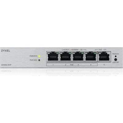 Zyxel GS1200-5HPV3 5-Port Gigabit PoE+ web/smart managed (5 Ports), Netzwerk Switch, Grau, Silber Zyxel GS1200-5HPV3 5-Port Gigabit PoE+ web/smart managed (5 Ports), Netzwerk Switch, Grau, Silber