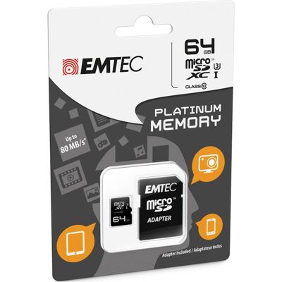 Emtec 64GB microSDXC Platinum UHS-I Klasse 10 (64 GB, microSDXC, UHS-I), Speicherkarte Emtec 64GB microSDXC Platinum UHS-I Klasse 10 (64 GB, microSDXC, UHS-I), Speicherkarte