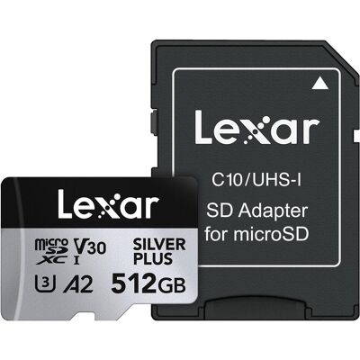 Lexar Professional Silver Plus (512 GB, microSDXC, U3, UHS-I), Speicherkarte, Schwarz, Silber Lexar Professional Silver Plus (512 GB, microSDXC, U3, UHS-I), Speicherkarte, Schwarz, Silber