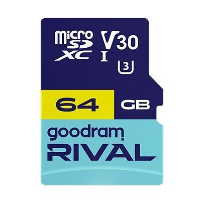 GOODRAM microSDXC 64GB V30 UHS I U3 RIVAL + adapter (64 GB, microSDXC, U3, UHS-I), Speicherkarte, Blau GOODRAM microSDXC 64GB V30 UHS I U3 RIVAL + adapter (64 GB, microSDXC, U3, UHS-I), Speicherkarte, Blau