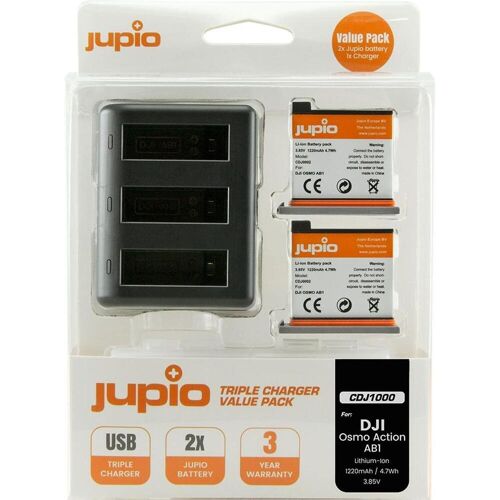 Jupio Triple Ladegerät Set für DJI Osmo Action + 2 Akkus (Kamera Akku Ladegerät), Kamera Stromversorgung, Schwarz