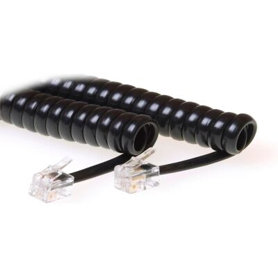 ACT Black 1.5 meter coiled telephone cable with RJ10 connectors RJ10-RJ10 COILED BLACK 1.50M, Telefon Zubehör ACT Black 1.5 meter coiled telephone cable with RJ10 connectors RJ10-RJ10 COILED BLACK 1.50M, Telefon Zubehör