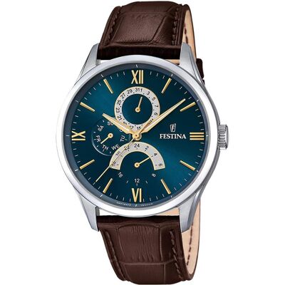 Festina, Armbanduhr, Retro, Silber, Braun, Blau, (Analoguhr, 43 mm) Festina, Armbanduhr, Retro, Silber, Braun, Blau, (Analoguhr, 43 mm)