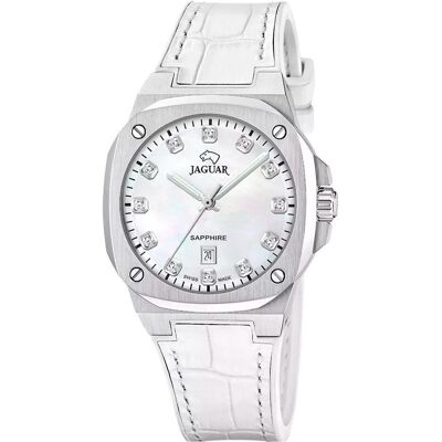 Jaguar, Armbanduhr, Schweizer Herstellung Damenarmbanduhr aus weissem Rondcarre-Leder, Weiss, Silber, (Analoguhr, Swiss Made, 34 mm) Jaguar, Armbanduhr, Schweizer Herstellung Damenarmbanduhr aus weissem Rondcarre-Leder, Weiss, Silber, (Analoguhr, Swiss Made, 34 mm)
