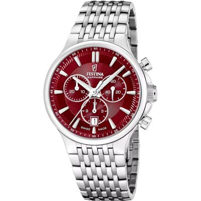 Festina, Armbanduhr, F20093/5 Chrono, Rot, Silber, (Chronograph, Swiss Made, 40 mm) Festina, Armbanduhr, F20093/5 Chrono, Rot, Silber, (Chronograph, Swiss Made, 40 mm)