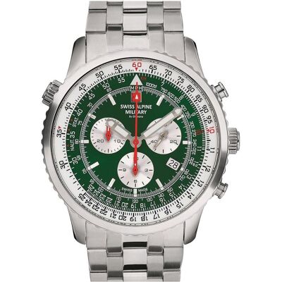 Swiss Alpine Military, Armbanduhr, Chrono, Silber, Grün, (Analoguhr, Chronograph, 45 mm) Swiss Alpine Military, Armbanduhr, Chrono, Silber, Grün, (Analoguhr, Chronograph, 45 mm)