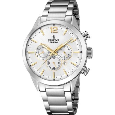 Festina, Armbanduhr, Timeless Chrono, Silber, Weiss, (Chronograph, 44 mm) Festina, Armbanduhr, Timeless Chrono, Silber, Weiss, (Chronograph, 44 mm)