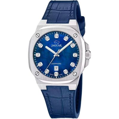 Jaguar, Armbanduhr, Schweizer Herstellung Damenarmbanduhr aus blauem Rondcarre-Leder, Blau, (Analoguhr, Swiss Made, 34 mm) Jaguar, Armbanduhr, Schweizer Herstellung Damenarmbanduhr aus blauem Rondcarre-Leder, Blau, (Analoguhr, Swiss Made, 34 mm)