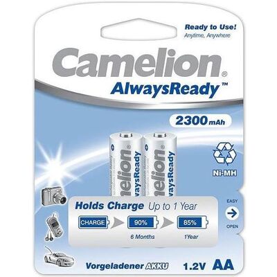 Camelion 17423206 - Always Ready Ni-MH AA/HR6, 2 Stück, Kapazität 2300 mAh, wiederaufladbar, schnell (2 Stk., AA, 2300 mAh), Batterien + Akkus Camelion 17423206 - Always Ready Ni-MH AA/HR6, 2 Stück, Kapazität 2300 mAh, wiederaufladbar, schnell (2 Stk., AA, 2300 mAh), Batterien + Akkus