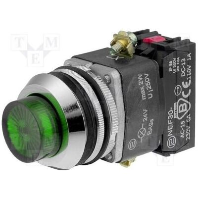 Romet Schalter: Druck 30mm Stab.Pos: 1 NC + NO grün 24V IP56 NEF30, Schalter + Taster, Grün Romet Schalter: Druck 30mm Stab.Pos: 1 NC + NO grün 24V IP56 NEF30, Schalter + Taster, Grün