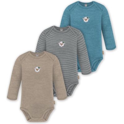 Normani, Babybodys, 3er Pack Baby Merino Body Langarm „Auckland" - 9375, Grau, Beige, Blau, (56, 62, 68, 74, 80, 86, 92, 98) Normani, Babybodys, 3er Pack Baby Merino Body Langarm „Auckland" - 9375, Grau, Beige, Blau, (56, 62, 68, 74, 80, 86, 92, 98)
